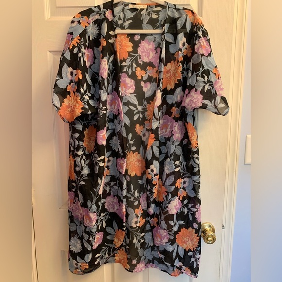 Speed Limit MPH Sweaters - Speed Limit Floral Kimono with Orange and Purple Flowers Large